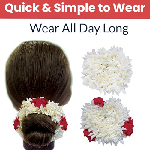 Image of Temperia (2 Pcs) Scented Mogra Gajra Hair Accessories For Women & Girls - Hair Flower Bun Artificial Fake Gajra Scrunchies Rubber Band - Premium & Voluminous, 1 Pc Red Petals & 1 Pc White