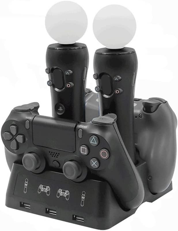 For PS4, PSVR, VR Move Charging Dock, 4-in-1 Multifunctional Stand, Can Charge 4 Devices Simultaneously, For PS4 Controller Charging Stand, Anti-Slip Pad, LED Indicator Lamp Included