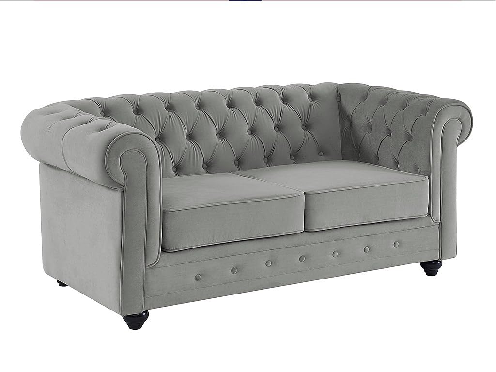 Vente-unique - Sofá Fijo 2 plazas Chesterfield - Terciopelo - Gris Claro