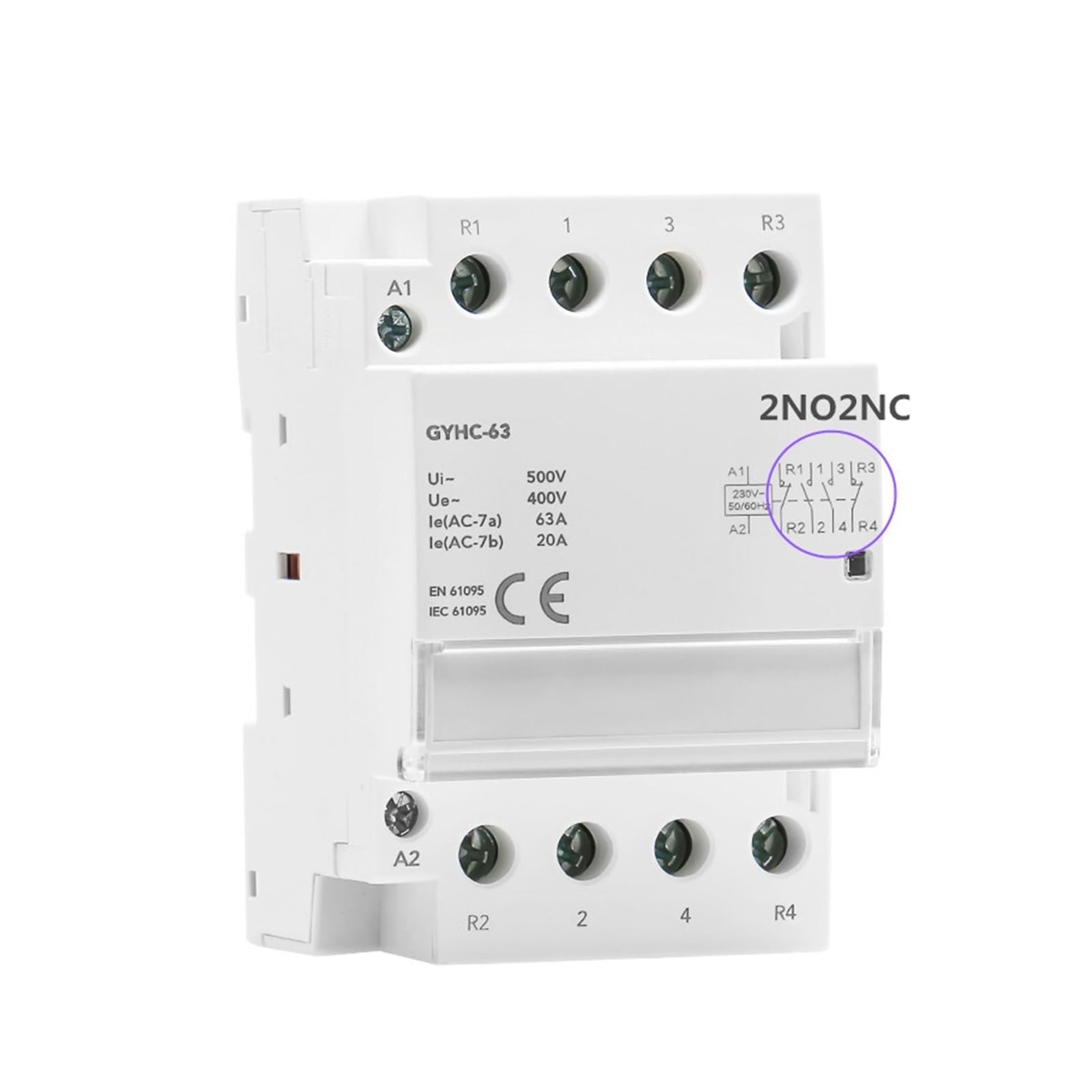 Modulares AC-Schütz 2P 4P 25A 63A 2NO oder 4NO 2NC2NO 220V/230V 50/60HZ DIN-Schiene Haushaltsschütztyp(2P 63A 2NO)