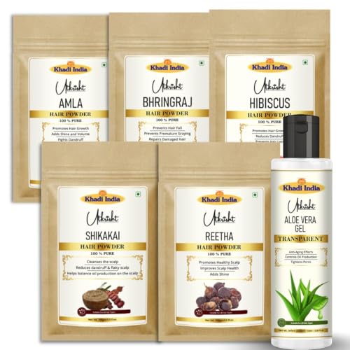 Image of Khadi Amla Bhringraj Shikakai Reetha Hibiscus Hair Powder with Aloe Vera Gel Combo for Hair Growth, Hair Fall Control & Dandruff Removal | 100% Natural Herbal Hair Care Kit - 600ML (Pack of 6)