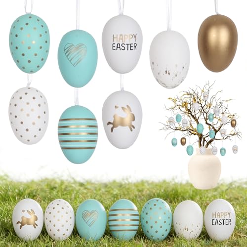 Hukermoon 24 Stück Ostereier zum Aufhängen Draussen, Bunte Plastik Ostereier Kunststoff, Kleine Ostern Eier Mini, Eier Dekoration Klein, Ostern Eiers Deko mit Bändchen für Outdoor Indoor (Grünes Gold)