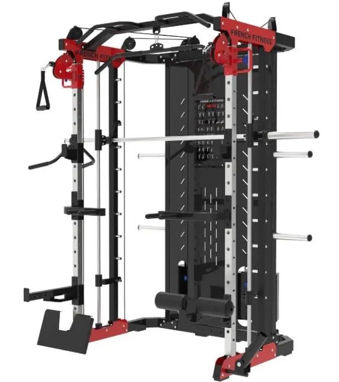 French Fitness FSR60 Functional Smith & Squat Rack Home Gym – All-in-One Machine with Smith Bar, Squat Rack, LAT Pulldown, Pull-Up Bar, and Optional Attachments (Red / Black, 286 lbs x 2)