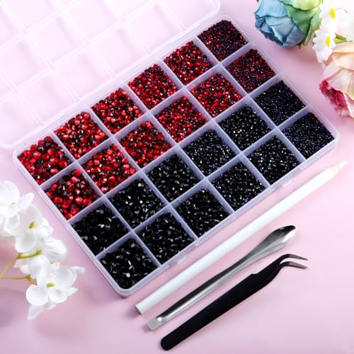 Image of Hotfix Rhinestones Kit,Black and Siam, Mixed 5 Sizes 14400pcs | Black and Red Hot Fix Crystals, for Bedazzling Clothes Crafts, with Wax Pencil,Tweezers and Spoon,SS6-SS30