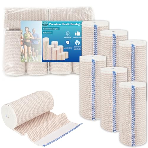 Premium Elastic Bandage Wrap 4 inch 6 Pack Reusable Versatile Compression Wraps for Ankles, Wrists Knee, Tummy and Body Durable and Comfortable Compression Bandage Latex-Free (4” Wide 6 Pack)