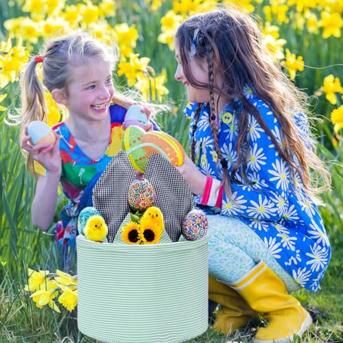 Image of Easter Basket Seersucker Egg Hunt Bunny Baskets for Kids with Cute Rabbit Ears Stripe Storage Gifts Candies Personalized Easter Party Gifts.