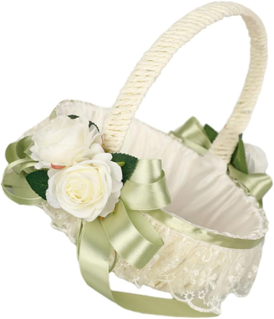 Flower Girl Basket Small Elegant Wedding Basket with Ribbon Handle for Wedding Party Supplies and Flower Petal Ceremony Decoration