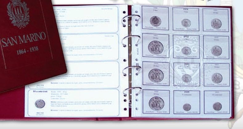 Álbum para Monedas de la República de San Marino 1864-1938 con Estuche, Anillas y fichas históricas, Hecho a Mano en Italia, numismática