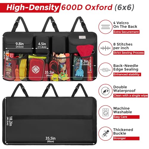 SURDOCA Mesh Car Inside Trunk Organizer, 3Rd Gen [7 Times Upgrade] Super Capacity Car Hanging Organizer, Equipped With 4 Magic Stick, Car Trunk Tidy Storage Bag With Lids, Space Saving Expert, Black