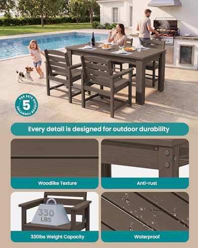 Image of SERWALL 59 inch HDPE Patio Dining Set for 4, w / 1 Table & 4 Armchairs, Coffee