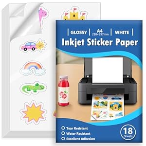 Euqvunn 18 Sheets Feuille Autocollante Imprimante A4, Blanc Brillant Imperméable Vinyle Imprimable Papier Autocollant, Feuille Complète Autocollante pour Jet d’Encre, Séchage Rapide, 210x297mm
