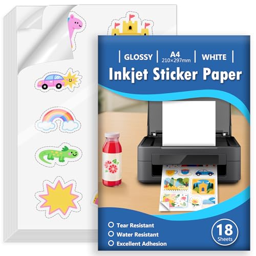 Euqvunn 18 Hojas Papel Pegatina para Imprimir A4, Vinilo Imprimible Adhesivo Blanco Lucido Impermeable, Adhesivo de Página Completa para Impresoras de Inyección de Tinta, Secado Rápido, 210x297mm