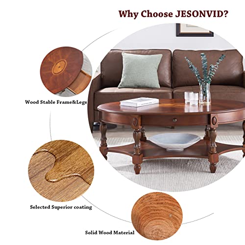 Jesonvid Solid Wood Oval Coffee Table With Drawer And Storage Shelf, Traditional Vintage Center Table Polished Edging Cocktail Tea Table For Living Room Bedroom Home, Cherry Walnut #TOP4