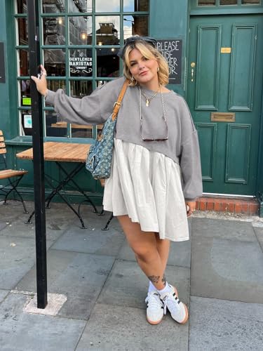 Image of Dokuritu Sweatshirt Dress Women Crew Neck Long Sleeve Patchwork Pullover Tops Flowy Oversized Sweatshirt Mini Dress