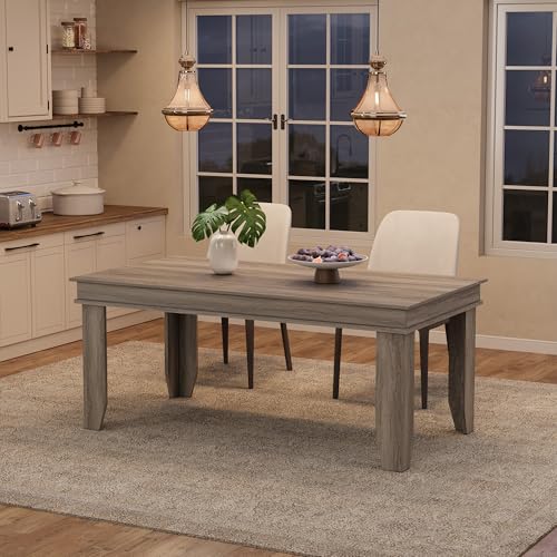 Image of GarveeHome Farmhouse Dining Table for 4-6 People, 63 in Long Kitchen Tables with Wooden Sturdy Frame, 5 ft Large Rectangular Dinner Table for Dining Room, Kitchen, Grey Walnut, 63 inch Non-extendable