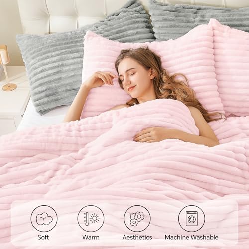 BEDELITE Fleece King Comforter Set -Super Soft & Warm Fluffy Cherry Blossom Bedding, Luxury Fuzzy Heavy Bed Set for Winter with 2 Pillow Cases