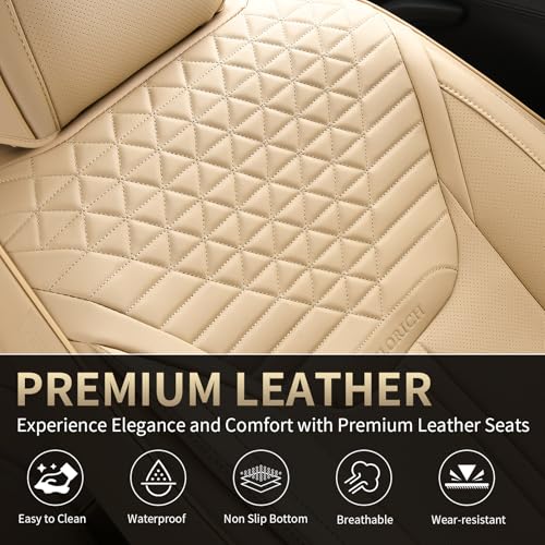 Image of FLORICH Car Seat Covers for Front Seats, Universal Seat Cushion 2 Seats, Car Seat Protector Waterproof, Premium Leather Automotive Seat Covers for Most Cars, Sedans, SUVs, and Trucks-Beige