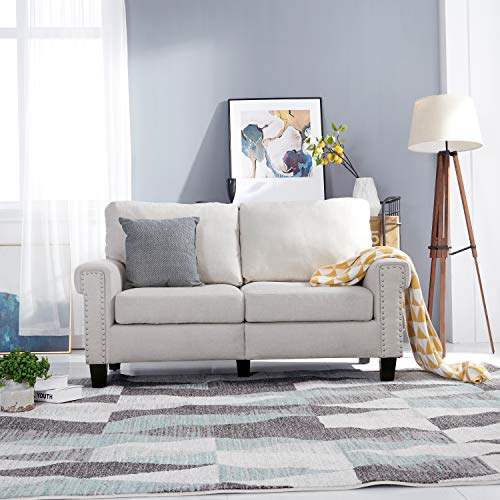 Traditional Upholstered 61 Inch Fabric Loveseat Couch Sofa for Living Room with Sturdy Wood Frame Construction, Single, Beige