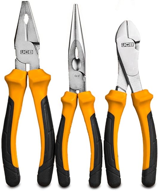 JCB - Pliers Set - x 3 Piece Plier Tool Set with Hardened Blades for Robustness - Set Includes Variety of Cutters - Long Nose/Snipe, Diagonal Cutting - Includes Safe Grip, (5055803320614)