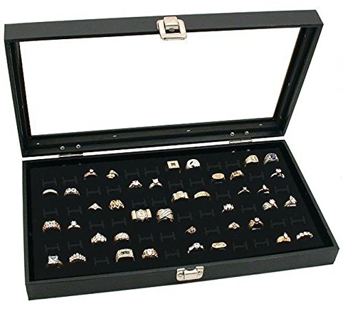 RJ Displays Glass Top Black Jewelry Display Case with 72 Slot Rings Tray. Comes with Free Jewelry Polishing Cloth