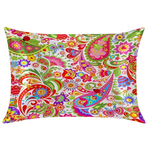 Satin Silk Pillowcase for Hair and Skin Colorful Paisley Pillow Cases Standard Size Ethnic Flower Soft Silk Pillow Case with Hidden Zipper Print Satin Cooling Pillow Covers (20x26 in) 1 Pack