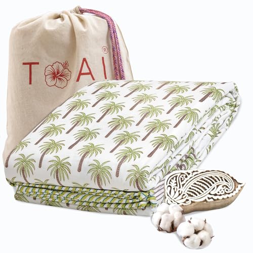 Image of TOAIArt Premium Jaipuri Dohar | AC Blanket Summer Quilt | Hand Block Printed | 3 Layers | Reversible | 150GSM 100% Mulmul Cotton | 100% Cotton Flannel Filling | Single 60 inch X 90 inch |Small Palm