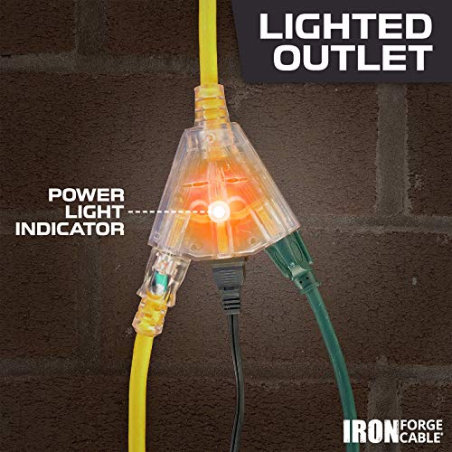 Iron Forge Cable 25 Foot Lighted Outdoor Extension Cord With 3 Electrical Power Outlets - 12/3 Sjtw Heavy Duty Yellow Extension Cable With 3 Prong Grounded Plug For Safety, 15 Amp #TOP2