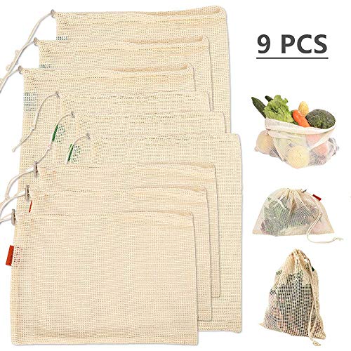 COMLIFE Borsa di Spesa Riutilizzabile Ecologica, Sacchetto in Cotone Degradable Pieghevole e Resistente Lavabile in Lavatrice, per Acquistare, Salvare Frutta, Verdura, ECC. - 9PCS