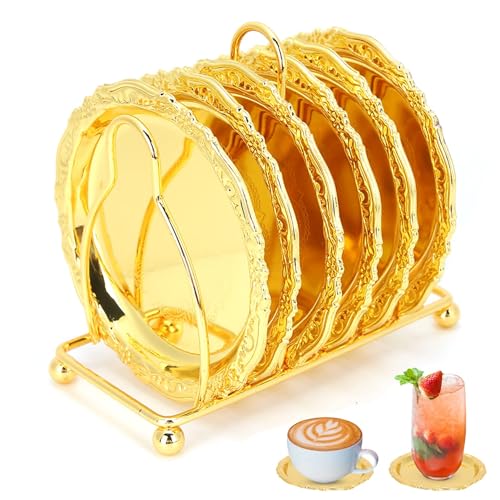 Sottobicchieri da 6 pezzi con supporto, Portabicchieri retrò in Metallo stile Europeo, Sottobicchieri per tazze di caffè da tavolo, Decorazione per Cucina e Sala da Pranzo