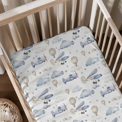 Plane Hot Air Balloons Transportation Pattern Baby Crib Sheet, Unisex Aircraft Clouds Stars Nursery Fitted Crib Bed Sheet for Boys Girls Standard Crib and Toddler Mattress-28x52
