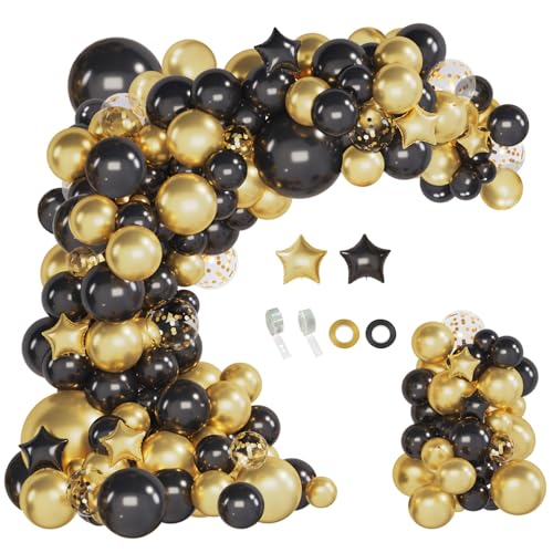 iLaFm 150pcs Black Gold Balloons Garland Arch Kit with Star Balloons for Graduation Class of 2024 Prom Birthday Retirement New Years Eve Wedding Anniversary Baby Shower Party Decorations