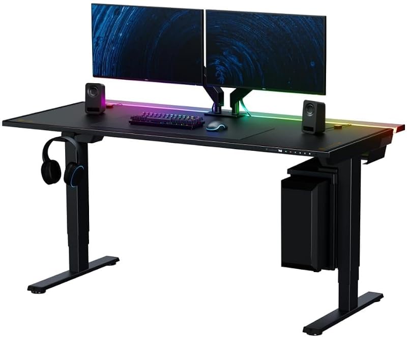 Escritorio eléctrico de pie Magnus Pro XL con tapete de cuero sintético sigiloso | Gestión de cables magnética, columna de fuente de alimentación integrada, bandeja de gestión de cables integrada, escritorio de oficina para juegos, ergonómico