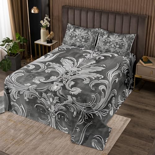 jejeloiu Grey Damask Bedspread Twin Size Kids Antique Victorian Baroque Coverlet Set for Boys Girls Teens Gothic Vintage Floral Quilted Coverlet Breathable Exotic Quilted