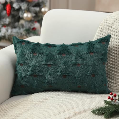 Image of Allorry Christmas Pillow Covers 12x20 inch Set of 2 Christmas Decorations Soft Plush Faux Fur Wool Green Christmas Tree Throw Pillow Cases Winter Holiday Decor for Sofa Living Room PT-002A12