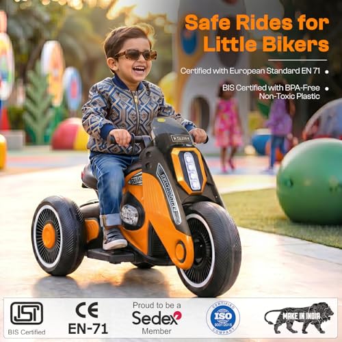 Image of Toyzone Rambo Electric Bike (Orange) |12V Rechargeable Bike for Kids with 4.5Ah Battery | LED Lights, Music, MP3| Smooth Acceleration | 6M Battery Warranty | for Big Kids Age 4-12 Years, Up to 35kg