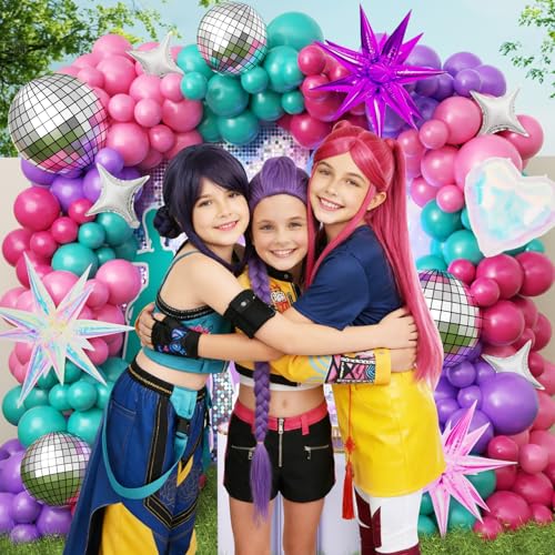 Image of JOGAMS 166Pcs K-Pop Balloon Arch Kit, Hot Pink Purple Teal Blue Balloons with Disco Star Iridescent Heart Foil Balloons for K-Pop Music Fan Birthday Prom Music Stage Concert-Style Backdrop Party