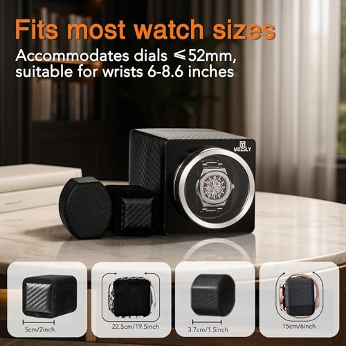 Image of MOZSLY Watch Winder for Automatic Watches Single Rotating Watch Box with Quiet Motor 12 Rotation Mode Setting Battery Powered or AC Adapter PU Leather