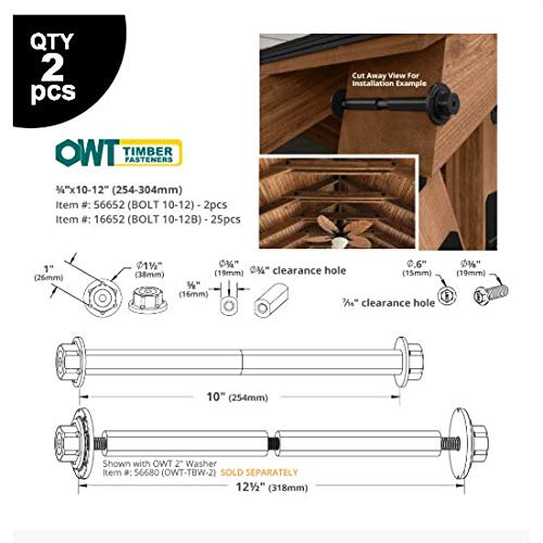 Image of Ozco Building Products 56652 3 /4-inch by 10-inch to 12-inch OWT Timber Bolts (2 per Pack), Black
