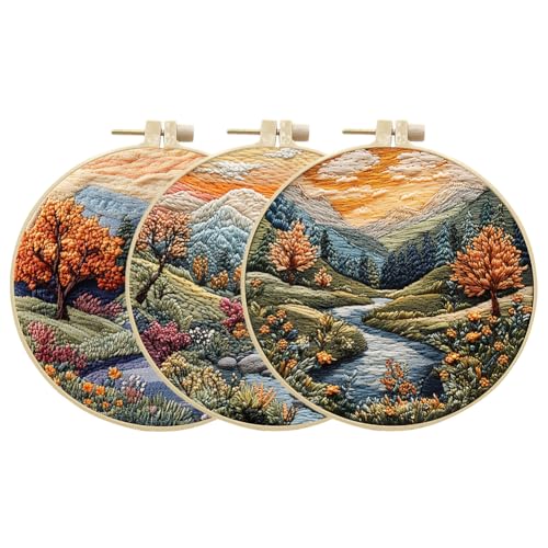 3 set di ricamo per adulti principianti con paesaggio albero montagna fiume floreale natura modello ricamo a mano kit per punto croce fai da te con cerchi, aghi fili