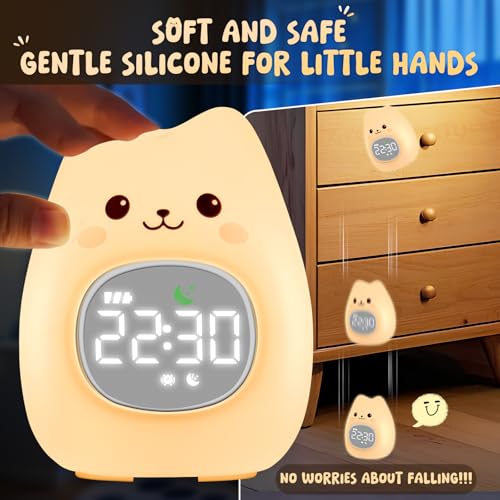 Image of Cat Alarm Clock with Night Light for Kids with Sleep Training and Sound Machine, Rechargeable Silicone Lamp OK to Wake Clock,Cute Animal Tabletop Lamp, Perfect Sleep Companion for Boys Girls