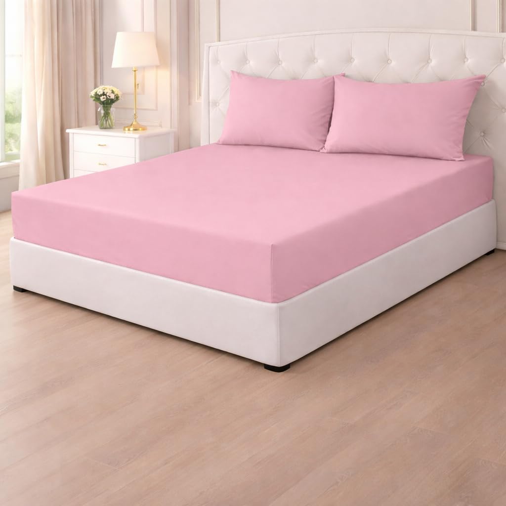 Poly Cotton Fitted Sheets 25cm,Plain PolyCotton Fitted Bed Sheets,Shrinkage & Fade Resistant Percale Quality Fitted Sheets,Non Iron Easy Care (Pink, Double)