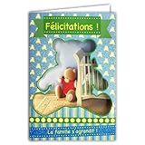 Création Française AFIE 66-1017-A Carte Félicitations Naissance ou Adoption Bébé Garçon avec Paillettes et Enveloppe Bleue 12x17,5cm La famille s\'agrandit Découpe Perforation en forme de Nounours Ours en Peluche