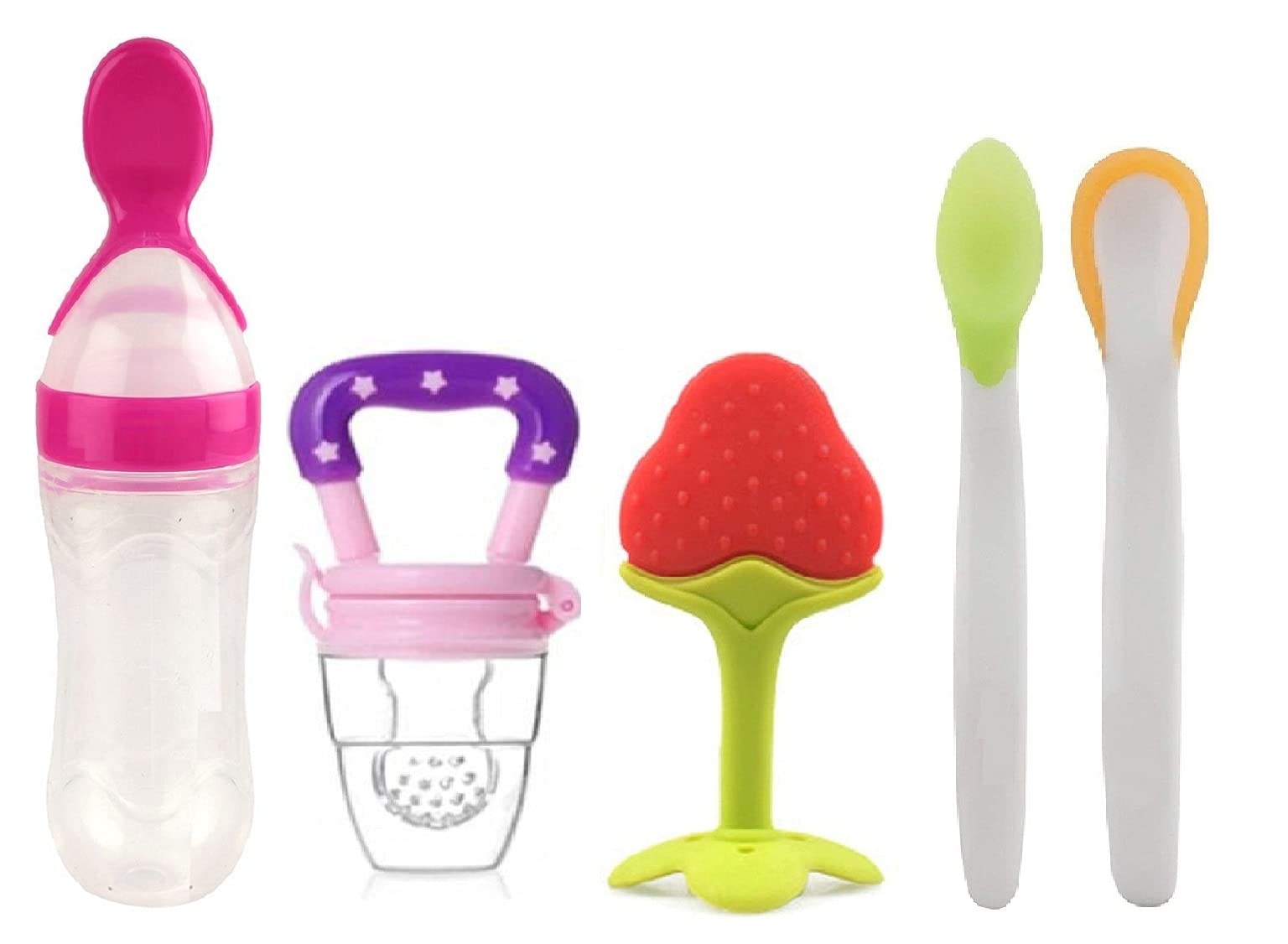 Manan Shopee Toddler Silicone Baby Needs Items All In One 1-Baby Fruit Nibbler 1-Feeder 2 Color Changing Temper-Sensor Spoon And 1-Teether (Combo Pack) (Multi2)-image-26
