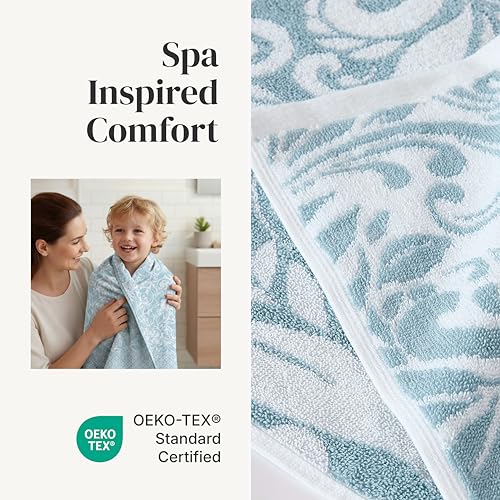 Image of Modern Threads 6 Piece Bath Towel Set - Bathroom Set with 2 Bath Towels, 2 Hand Towels, and 2 Wash Cloths - 100% Cotton, Super Absorbent & Extra Soft - Reversible Botanical Vine (Blue)