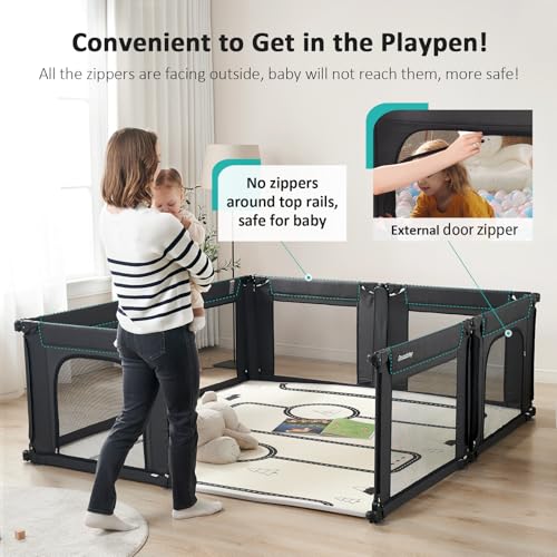 Image of Doradotey Adjustable Baby Playpen with Adult Door, Foldable Large Playpen for Babies and Toddlers, Breathable Mesh Indoor Baby Playard, Safe Fence, 79 x 71 Inch, Black