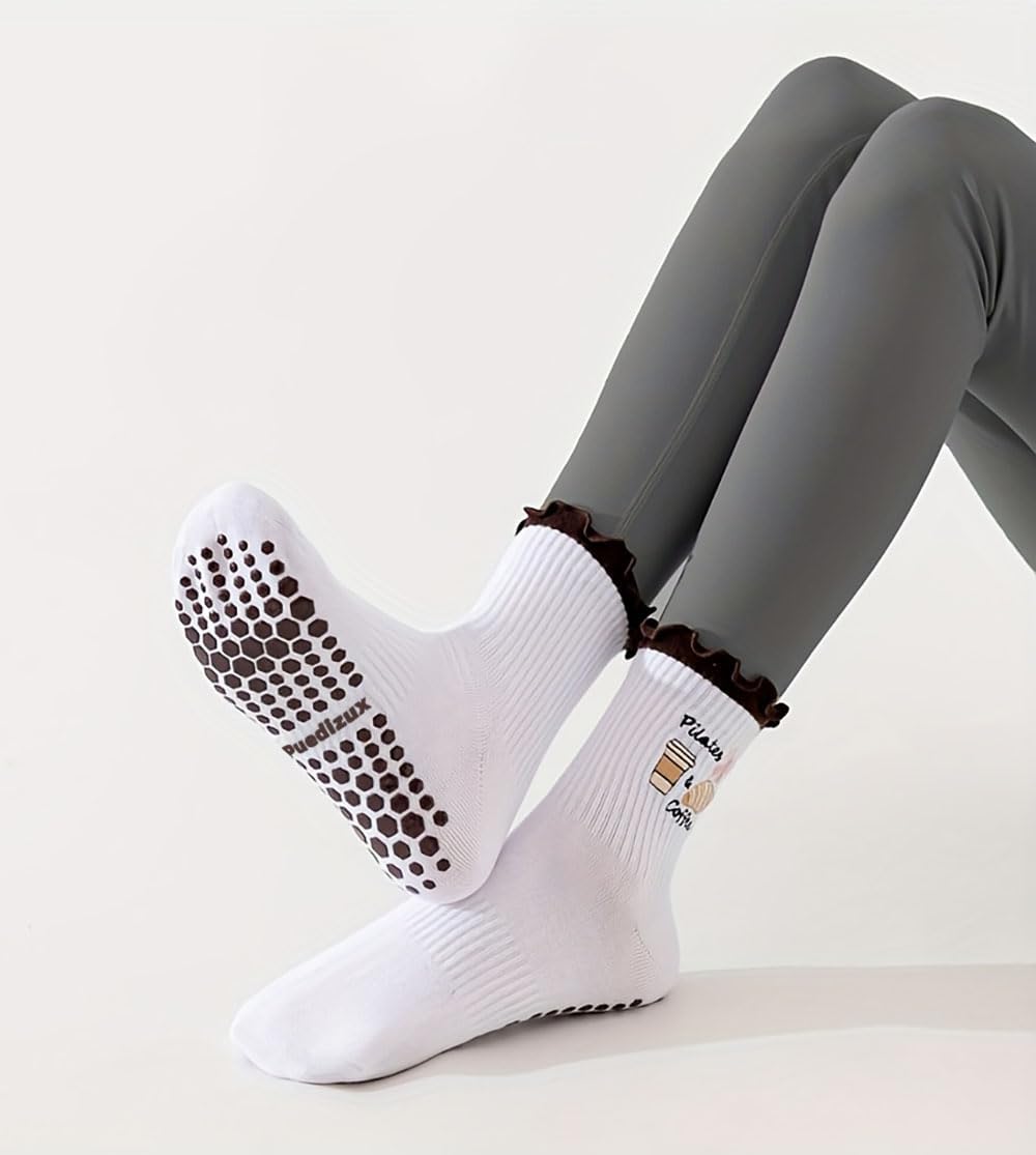 Women Cute Pilates Socks Grip Crew Yoga Socks Ruffle Cuff Embroidery Pattern Workout Ballet Socks - Image 2