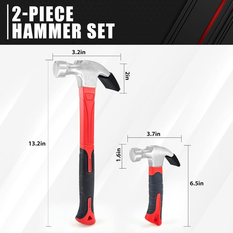 2-Piece Claw Hammer Set, 8oz Stubby & 16oz Fiberglass Claw Hammers with Magnetic Nail Starter, 560pcs Hardware Nails for Home Repair & DIY