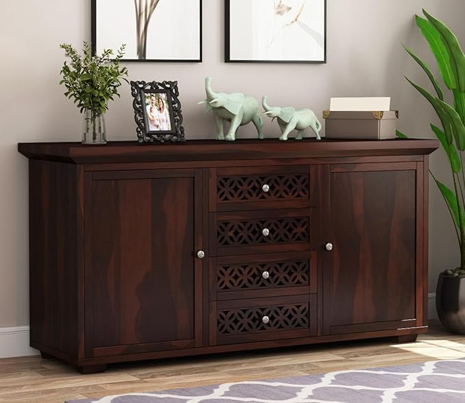 Image of SHIKHA WOOD CRAFT Solid Sheesham Wood Sideboard Cabinet with 4 Drawers and 2 Doors Storage | Wooden Multipurpose Cabinet Storage Furniture for Living Room, Bedroom, Home, and Kitchen (Walnut Finish)