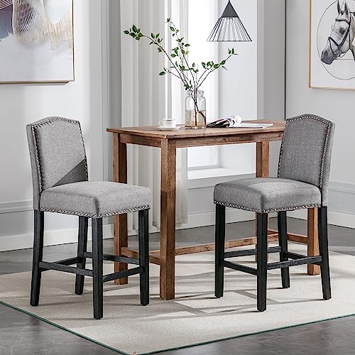 Kcc Counter Height Bar Stool 26 Inches Upholstered High Back Barstool With Antique Nail Heads Solid Wood Set Of 2 Counter Height Bar Chairs,Light Grey #TOP22