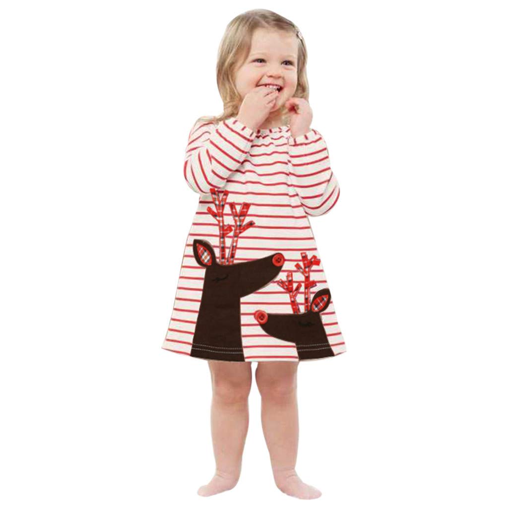 AKIWOS Toddler Baby Girl Christmas Dress Long Sleeve Crew Neck Stripe Santa Prints Casual Party Princess Dresses